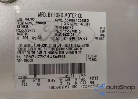 2005 Ford Explorer Sport Trac Adrenalin/Xls/Xlt из США, поврежденный, VIN 1FMZU77K15UB64946